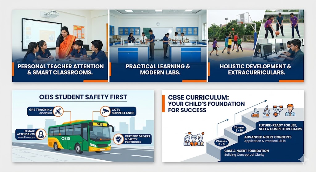 OEIS campus features including personalized teaching, safe transport, and CBSE competitive exam preparation.